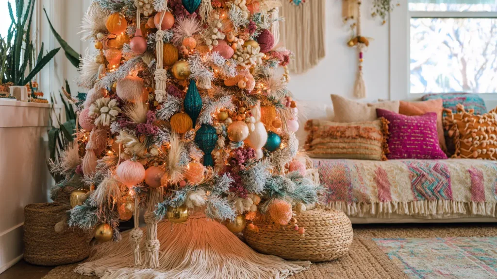 Colorful Boho Christmas Tree with Macrame and Pampas