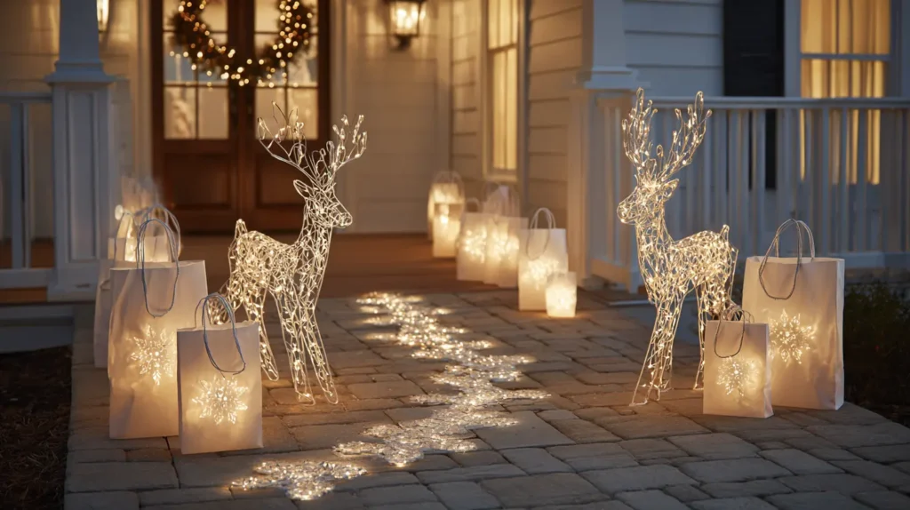 Cozy Candlelit Pathway with Luminary Bags and Illuminated Reindeer Silhouettes