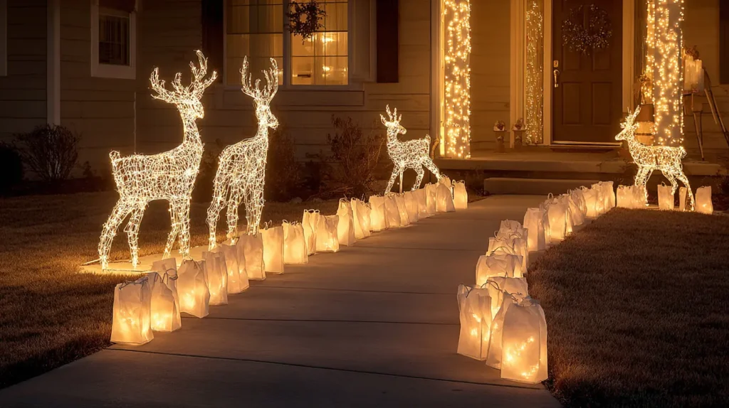 Cozy Candlelit Pathway with Luminary Bags and Illuminated Reindeer Silhouettes