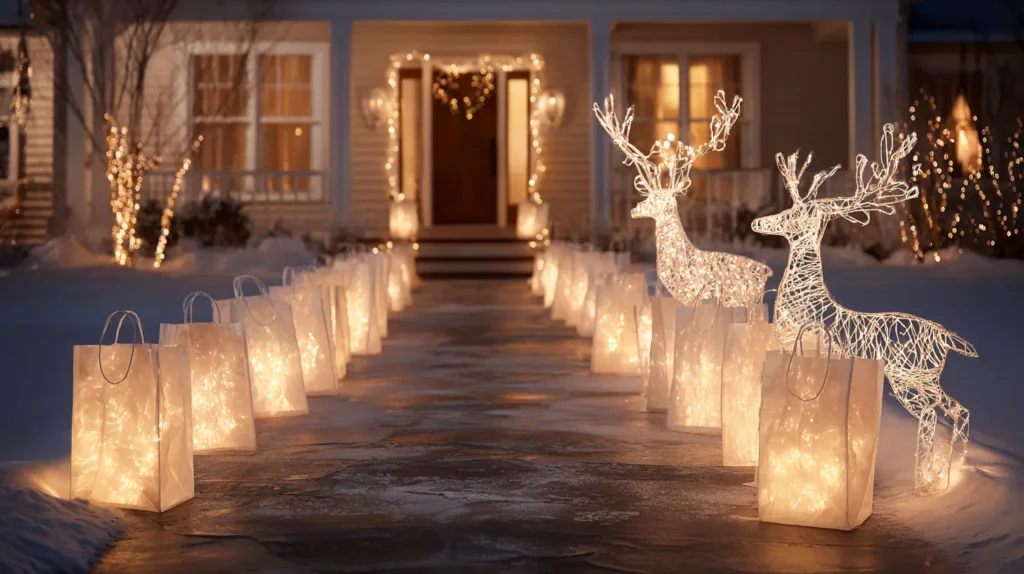 Cozy Candlelit Pathway with Luminary Bags and Illuminated Reindeer Silhouettes