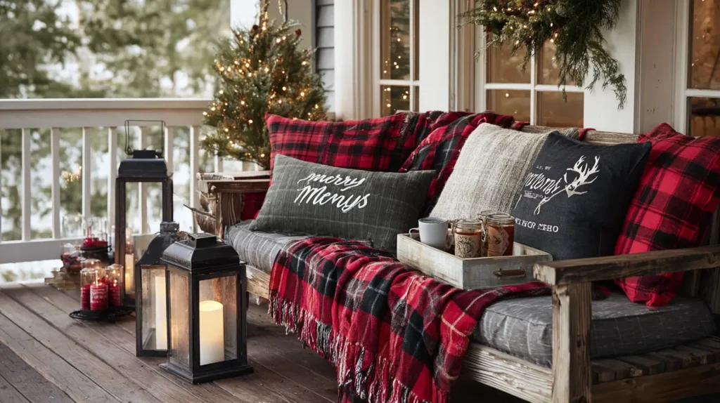Cozy Porch Seating with Plaid Blankets and Pillows