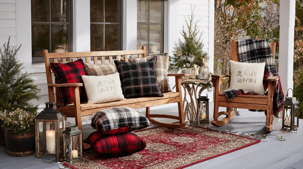 Cozy Porch Seating with Plaid Blankets and Pillows
