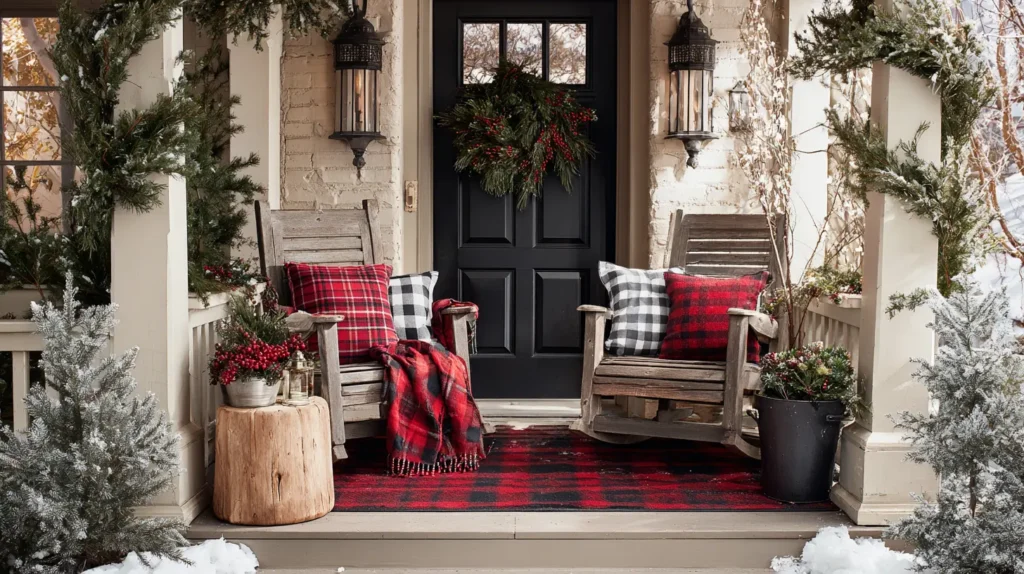 Cozy Porch Seating with Plaid Blankets and Pillows