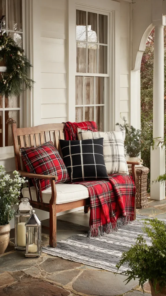 Cozy Porch Seating with Plaid Blankets and Pillows