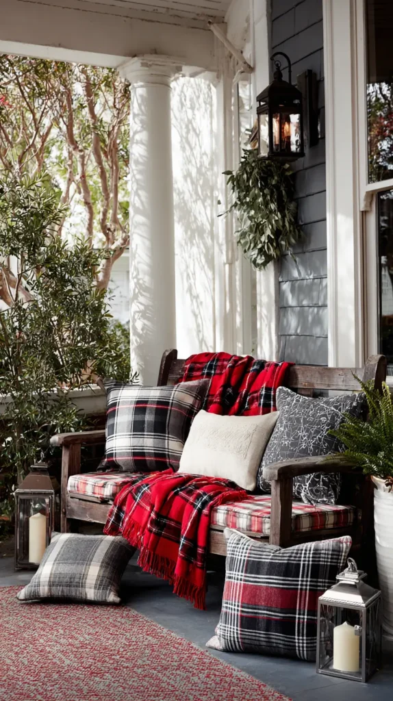 Cozy Porch Seating with Plaid Blankets and Pillows