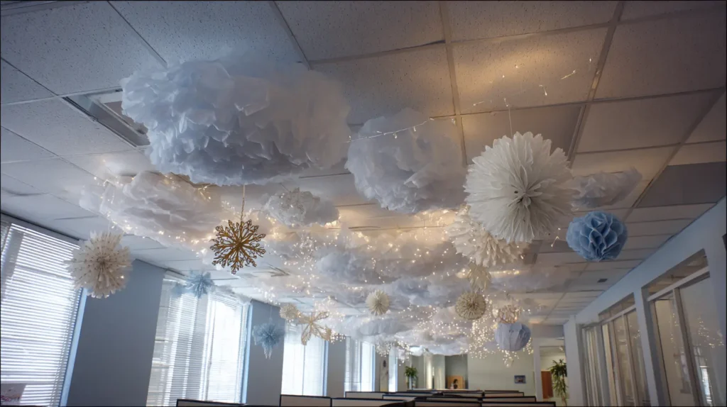 DIY Paper Snowflakes, Ceiling Clouds, and Hanging Mobiles