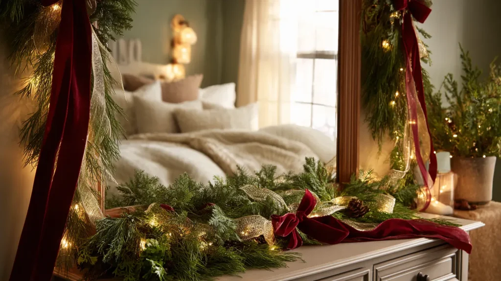 Decorating the Bedroom Mirror with Pine and Ribbon