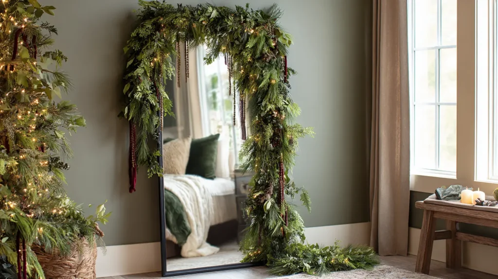Decorating the Bedroom Mirror with Pine and Ribbon