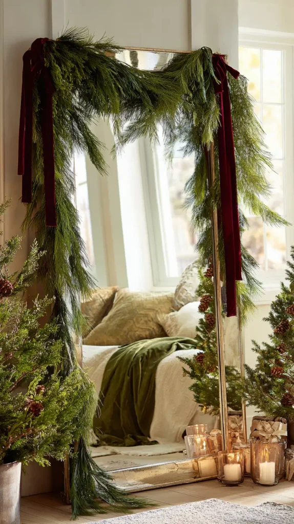 Decorating the Bedroom Mirror with Pine and Ribbon