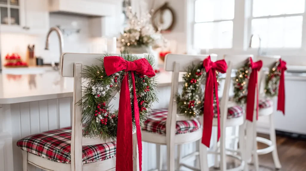 Dressing Up Bar Stools with Ribbons and Wreath
