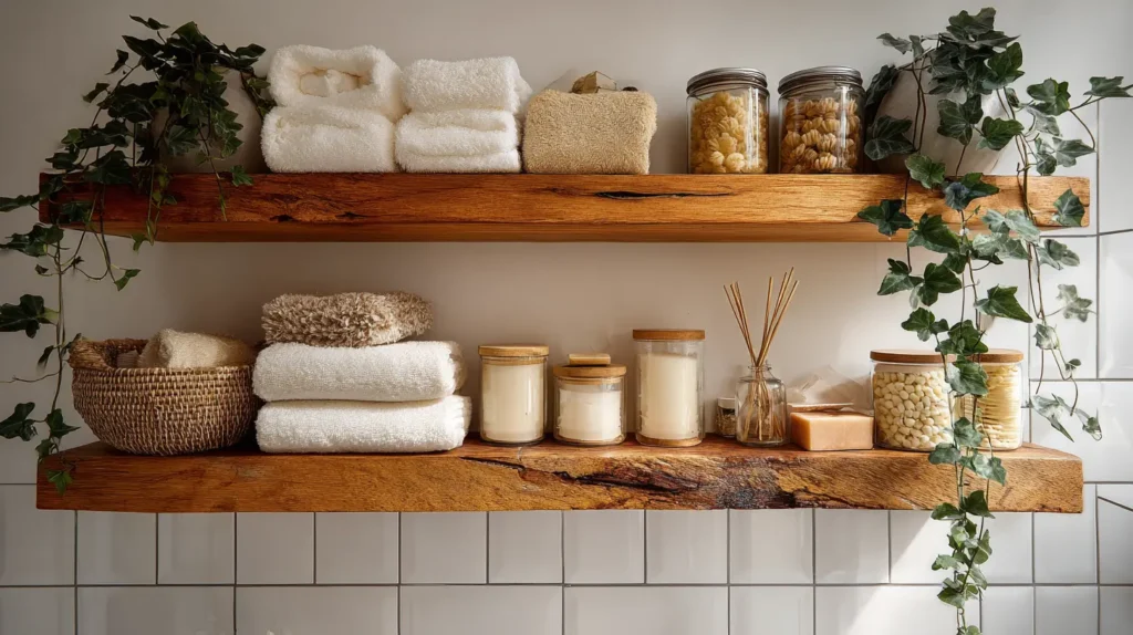 Earthy Wood Floating Shelves for Open Storage