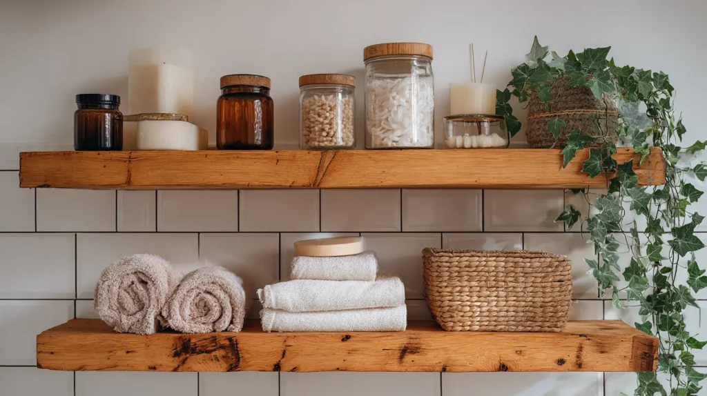 Earthy Wood Floating Shelves for Open Storage
