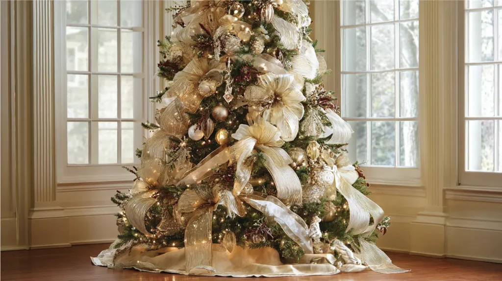 Elegant Ribbon-Wrapped Tree with Cascading Bows