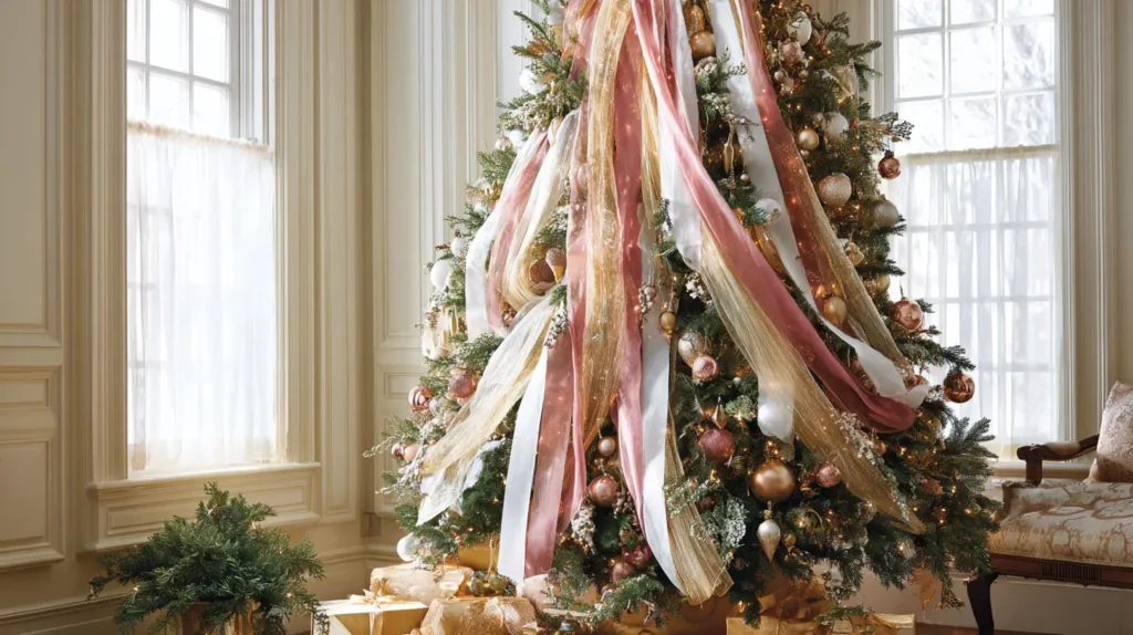 Elegant Ribbon-Wrapped Tree with Cascading Bows