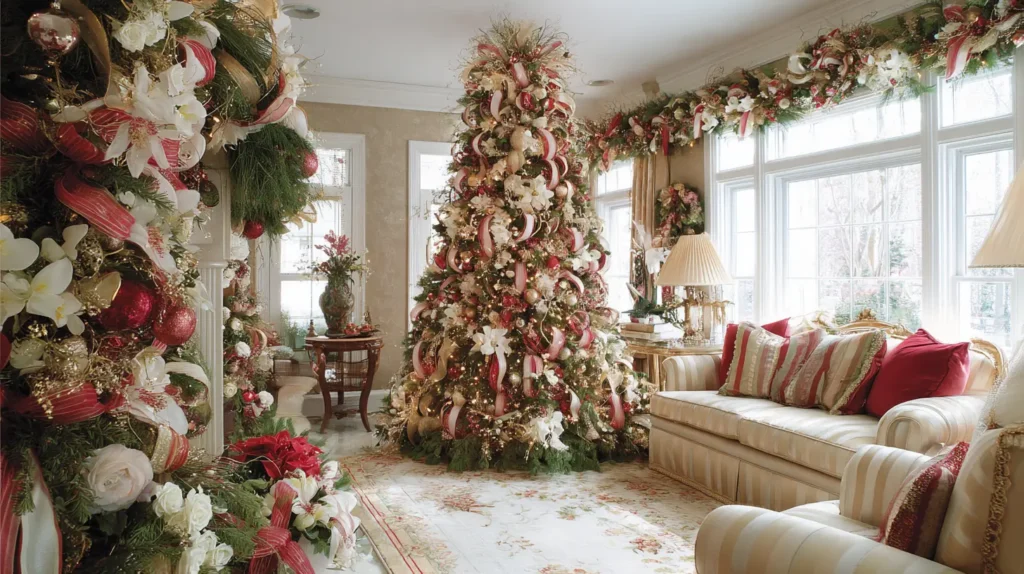 Elegant Ribbon-Wrapped Tree with Cascading Bows