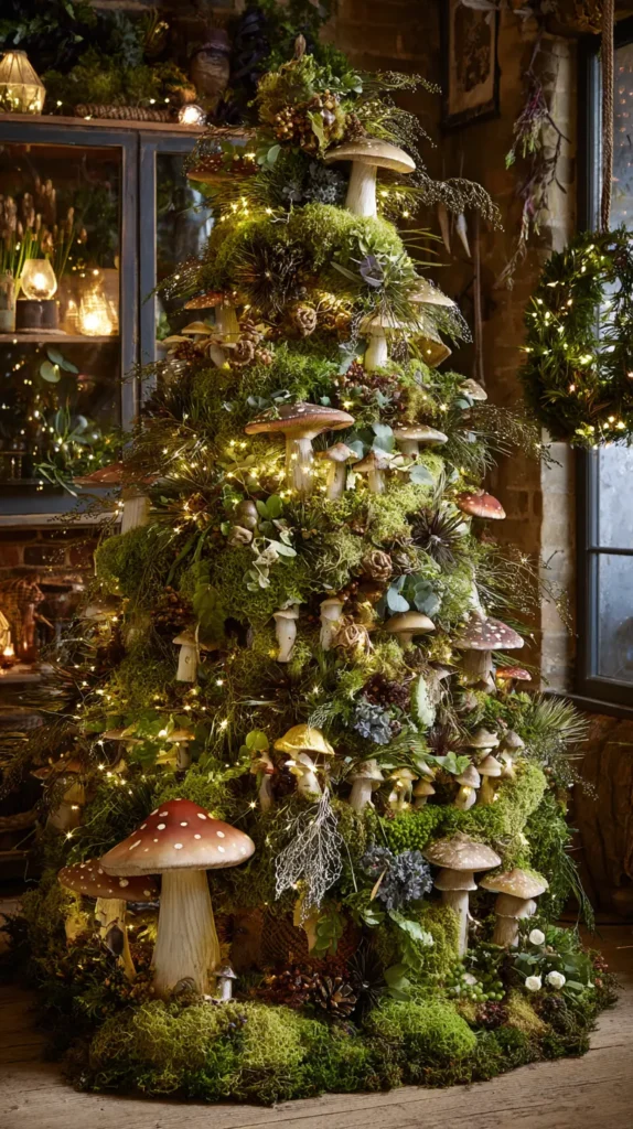 Enchanted Forest Tree with Moss, Mushrooms, and Fairy Lights