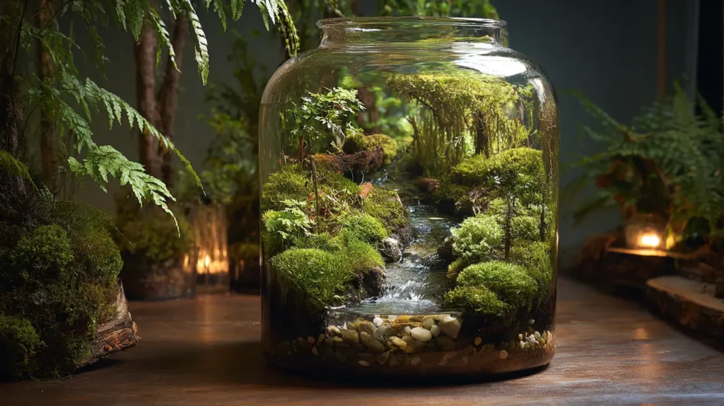 Enchanted Mossy Woodland Terrarium with Gentle Stream