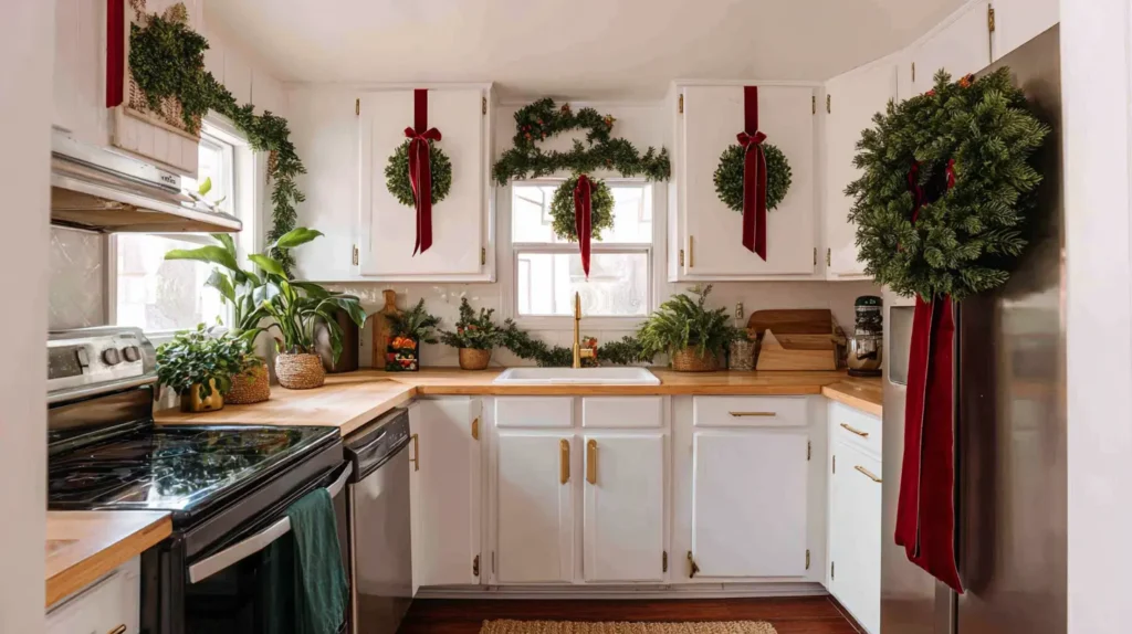 Festive Kitchen Cabinet Ribbons and Wreaths