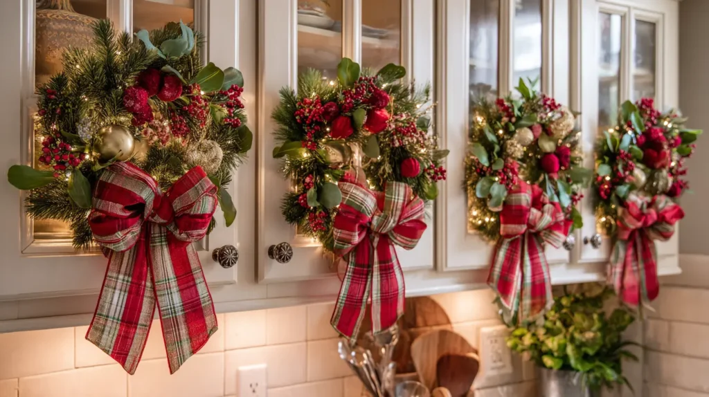 Festive Kitchen Cabinet Ribbons and Wreaths