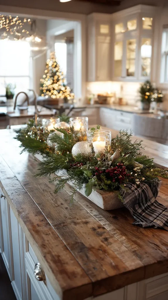 Festive Kitchen Island Centerpieces with Greenery