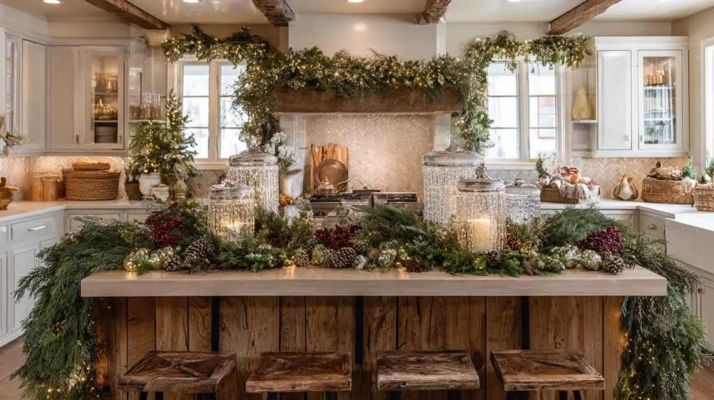 Festive Kitchen Island Centerpieces with Greenery