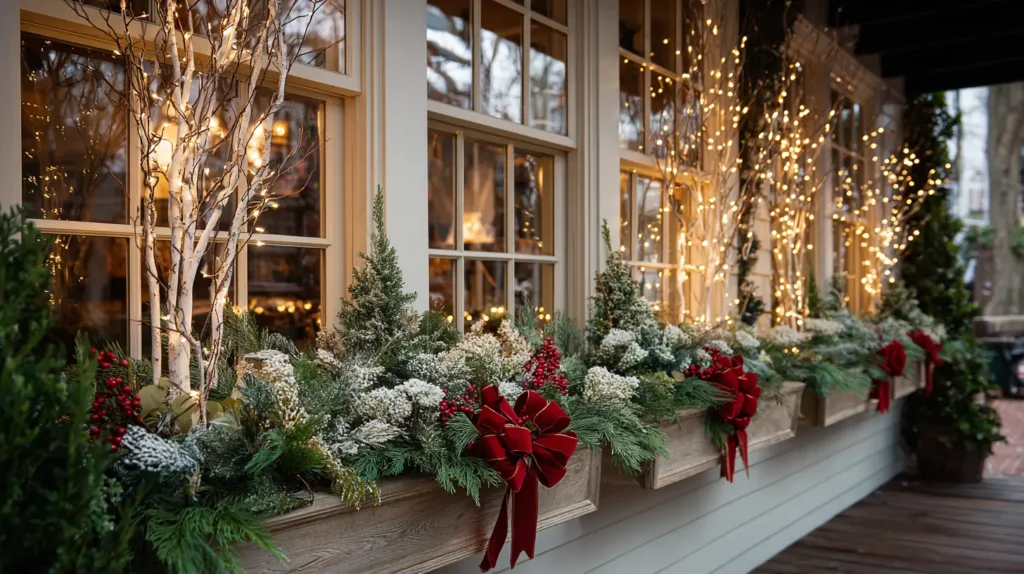 Festive Outdoor Window Box Planters with Evergreens