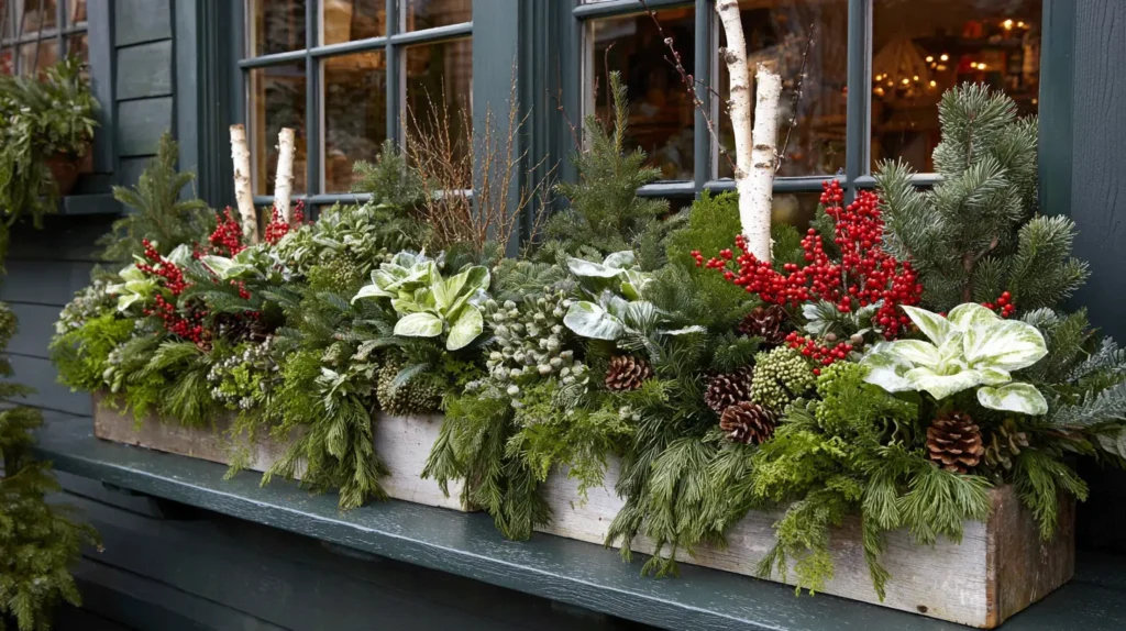 Festive Outdoor Window Box Planters with Evergreens