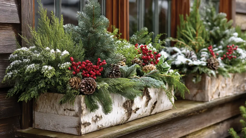 Festive Outdoor Window Box Planters with Evergreens