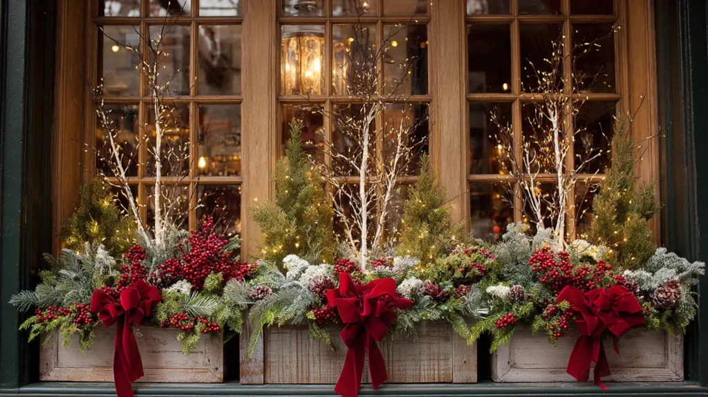 Festive Outdoor Window Box Planters with Evergreens