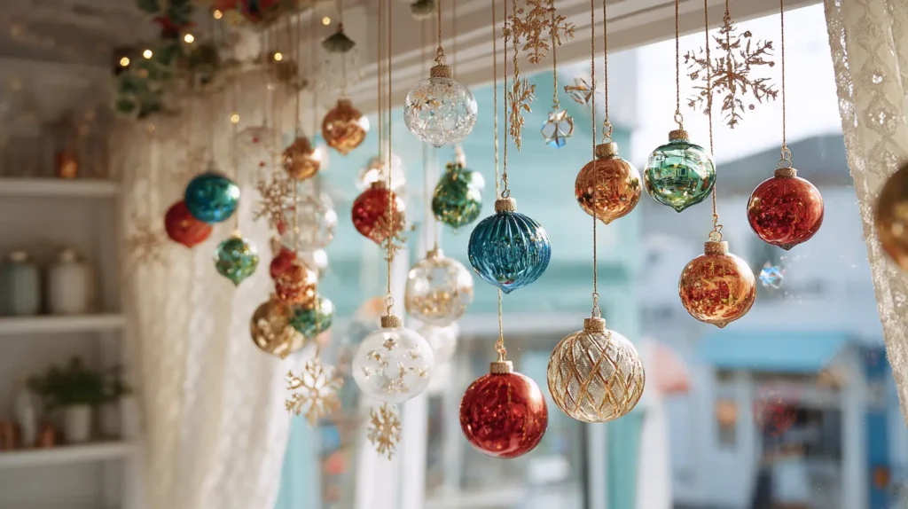 Festive Window Displays with Hanging Ornaments