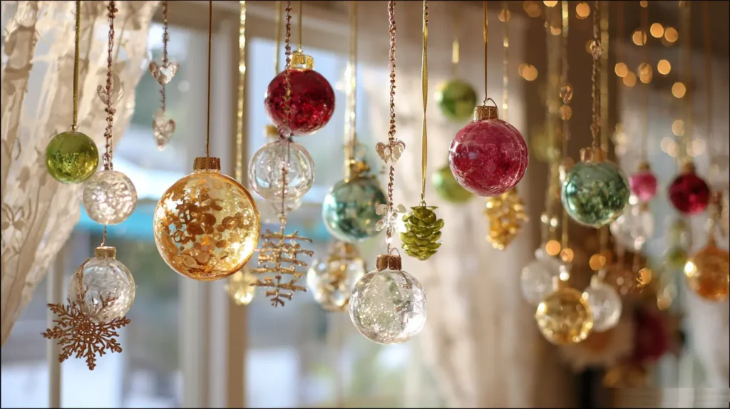 Festive Window Displays with Hanging Ornaments