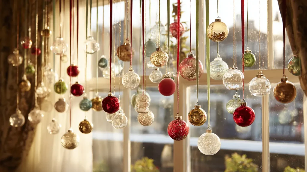 Festive Window Displays with Hanging Ornaments