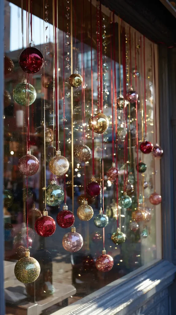Festive Window Displays with Hanging Ornaments