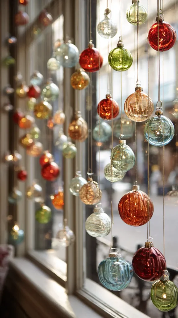 Festive Window Displays with Hanging Ornaments