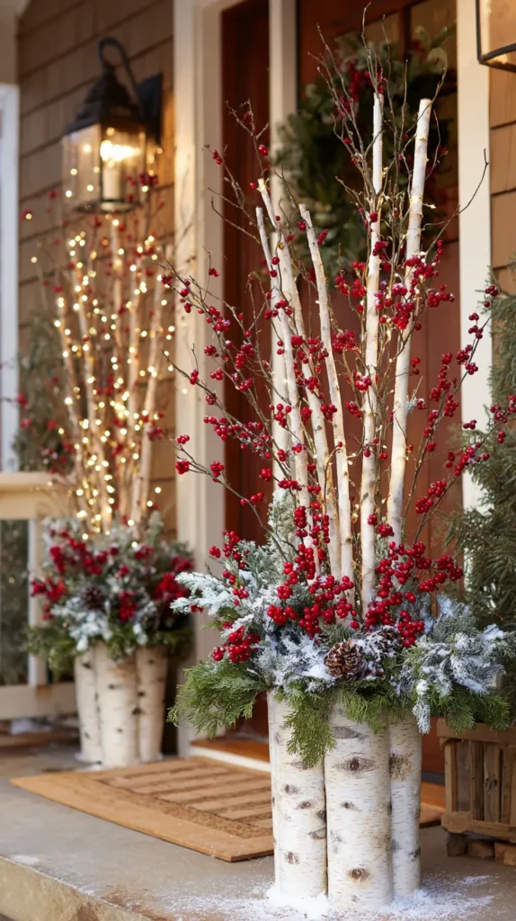 Festive Winter Planters with Birch Logs and Berries