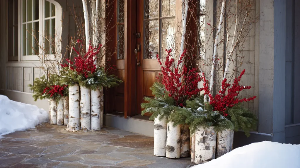 Festive Winter Planters with Birch Logs and Berries