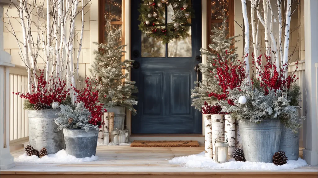 Festive Winter Planters with Birch Logs and Berries