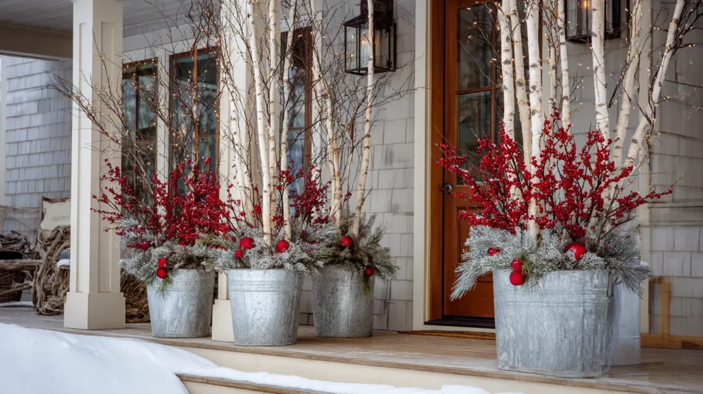 Festive Winter Planters with Birch Logs and Berries