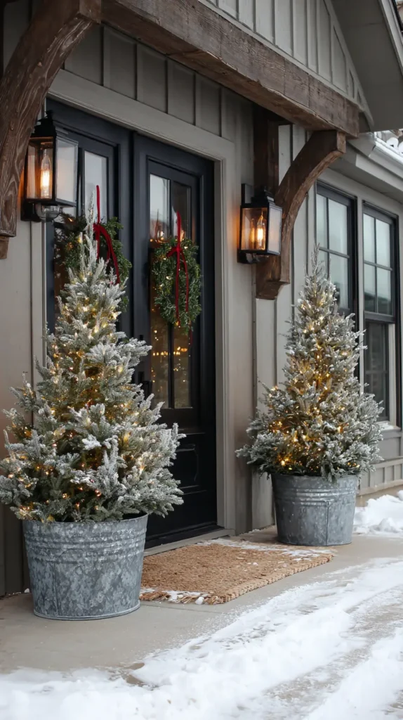 Flanking the Entrance with Mini Potted Christmas Trees
