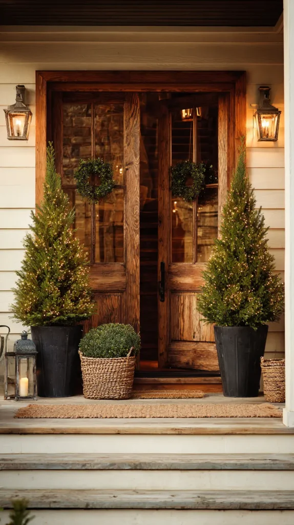 Flanking the Entrance with Mini Potted Christmas Trees