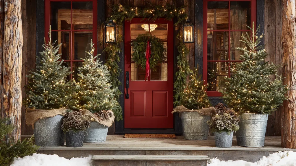 Flanking the Entrance with Mini Potted Christmas Trees