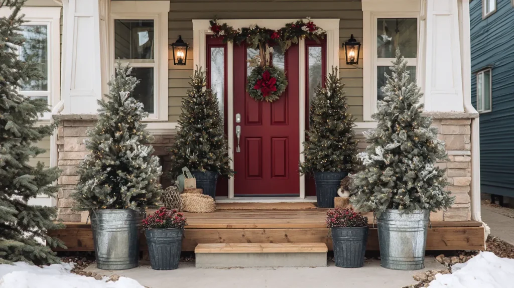 Flanking the Entrance with Mini Potted Christmas Trees