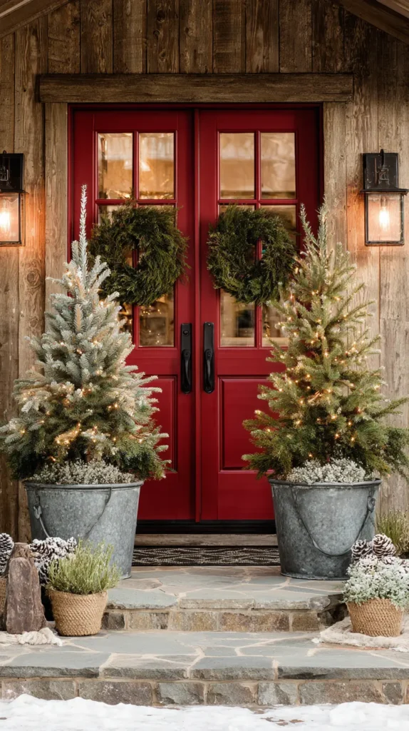 Flanking the Entrance with Mini Potted Christmas Trees
