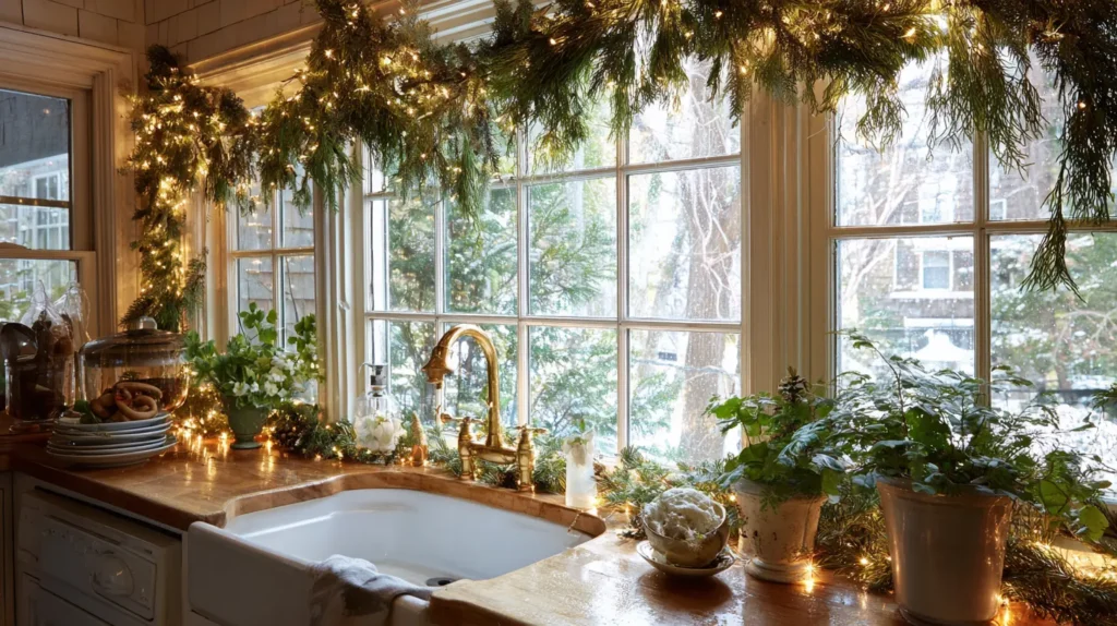 Framing the Kitchen Window with Garland and Lights