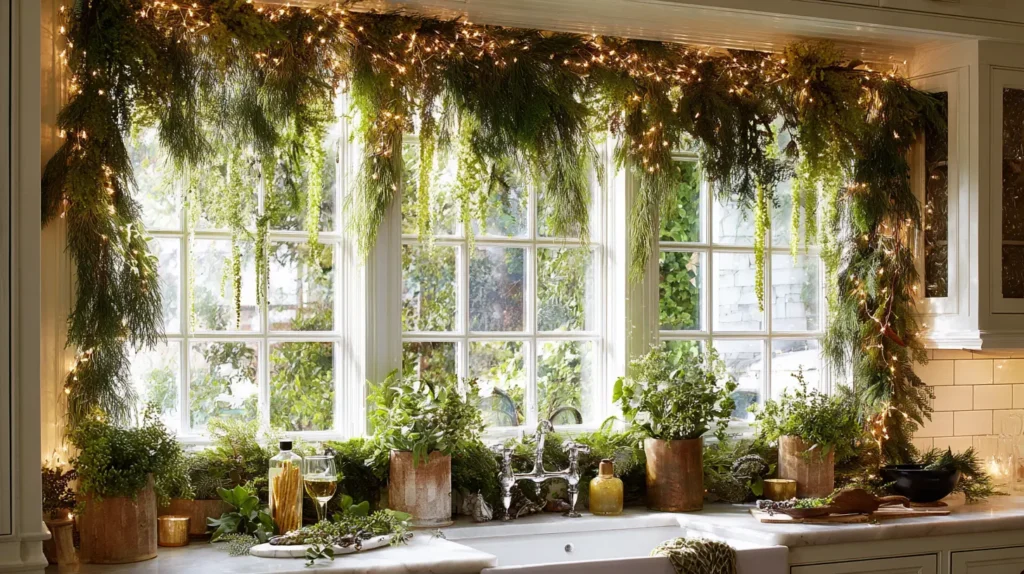 Framing the Kitchen Window with Garland and Lights