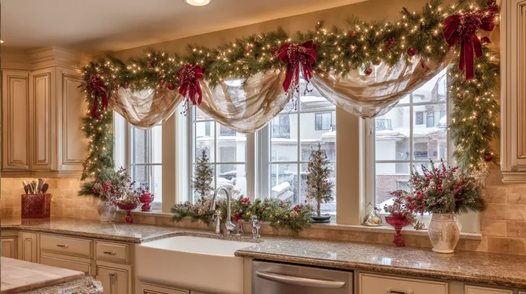 Framing the Kitchen Window with Garland and Lights