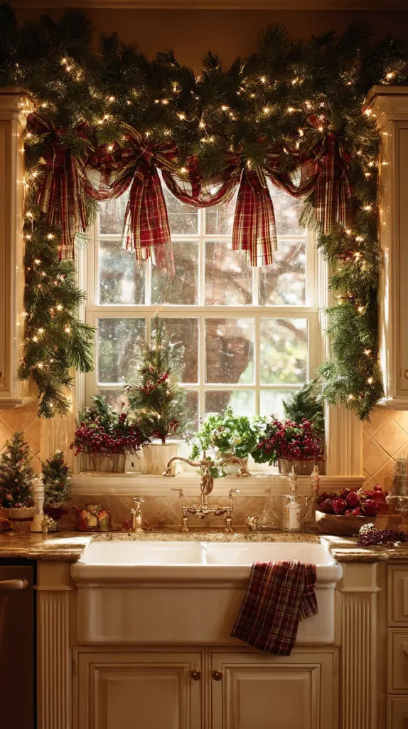 Framing the Kitchen Window with Garland and Lights