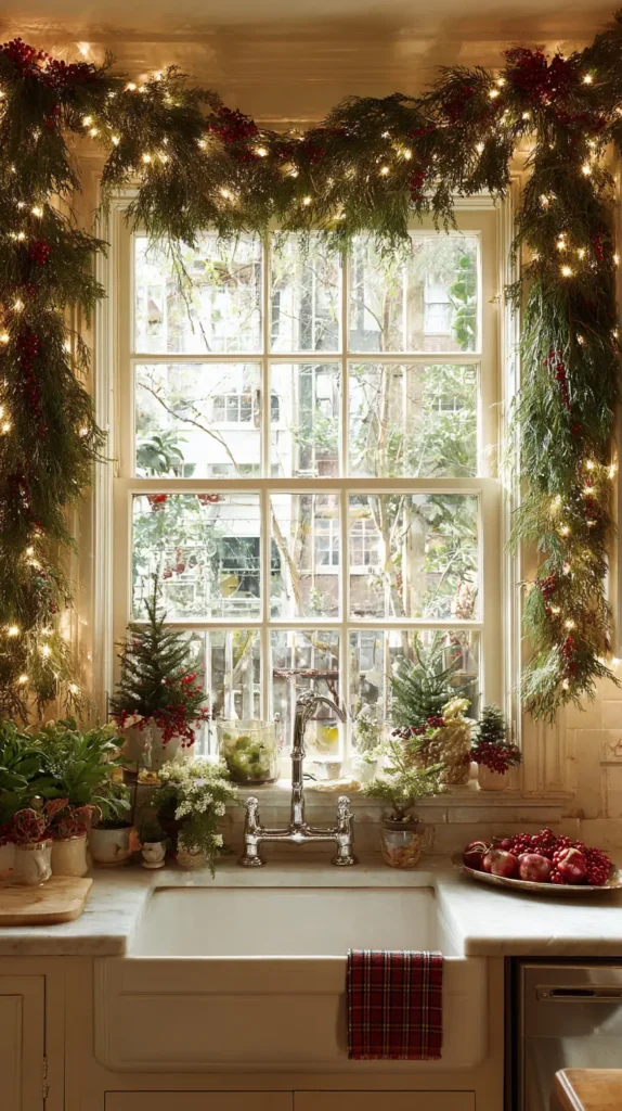 Framing the Kitchen Window with Garland and Lights