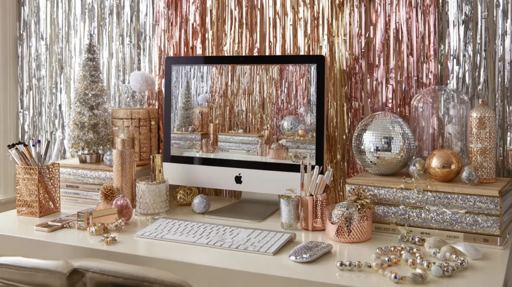 Glam Glitter and Metallic Holiday Desk Styling