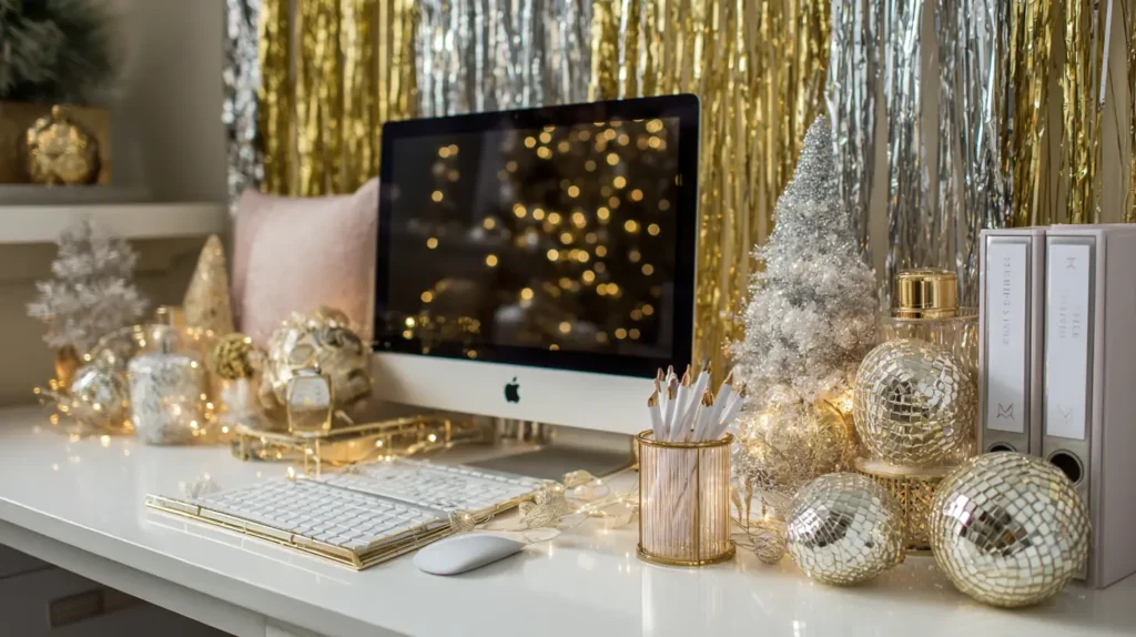 Glam Glitter and Metallic Holiday Desk Styling